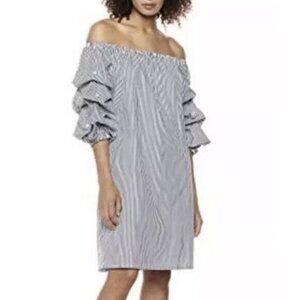 MSK NWOT Shift Dress Blue Stripes Off Shoulder Puffed Sleeve with Pearls Size PL